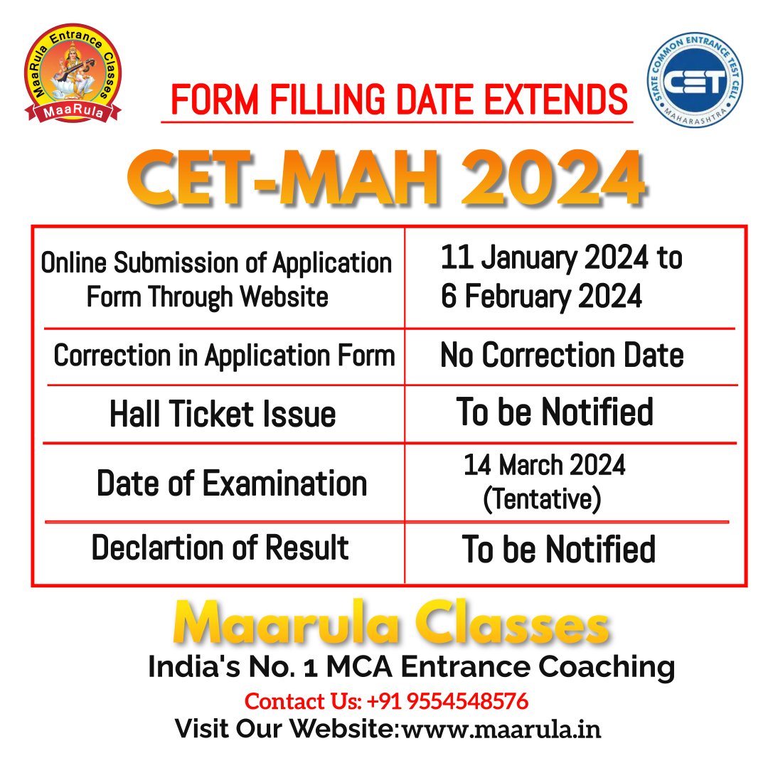 Maarula Classes "CETMAH 2024 MCA Entrance Exam Date Extension for